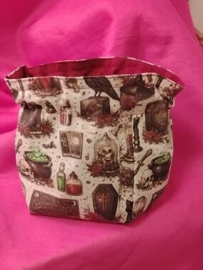 Spellbook Themed Fabric Drawstring Bag in Cream and Pink